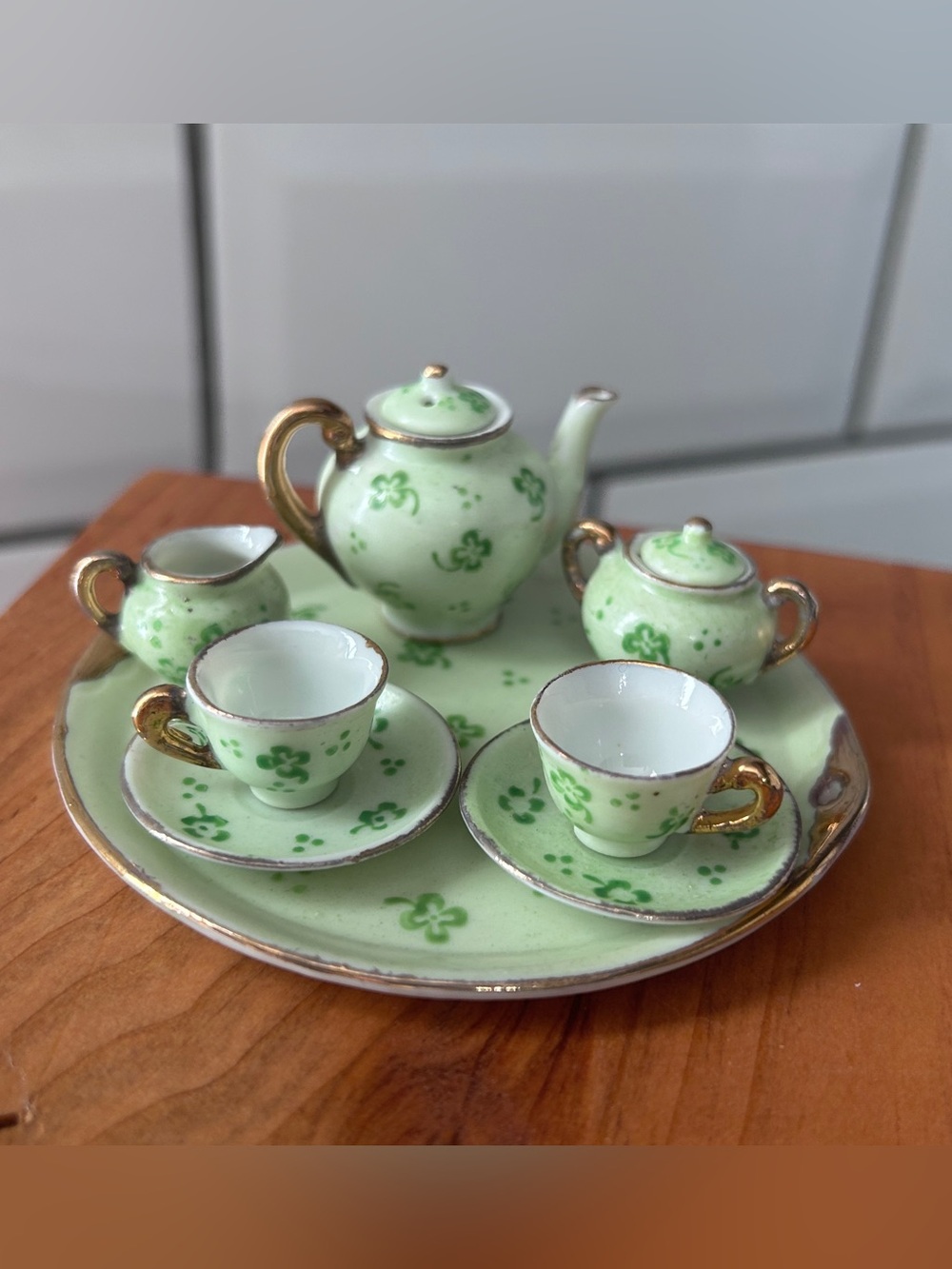 1940’s Vintage Japanese Green & Gold Miniature Porcelain Tea Set Clover Shamrock